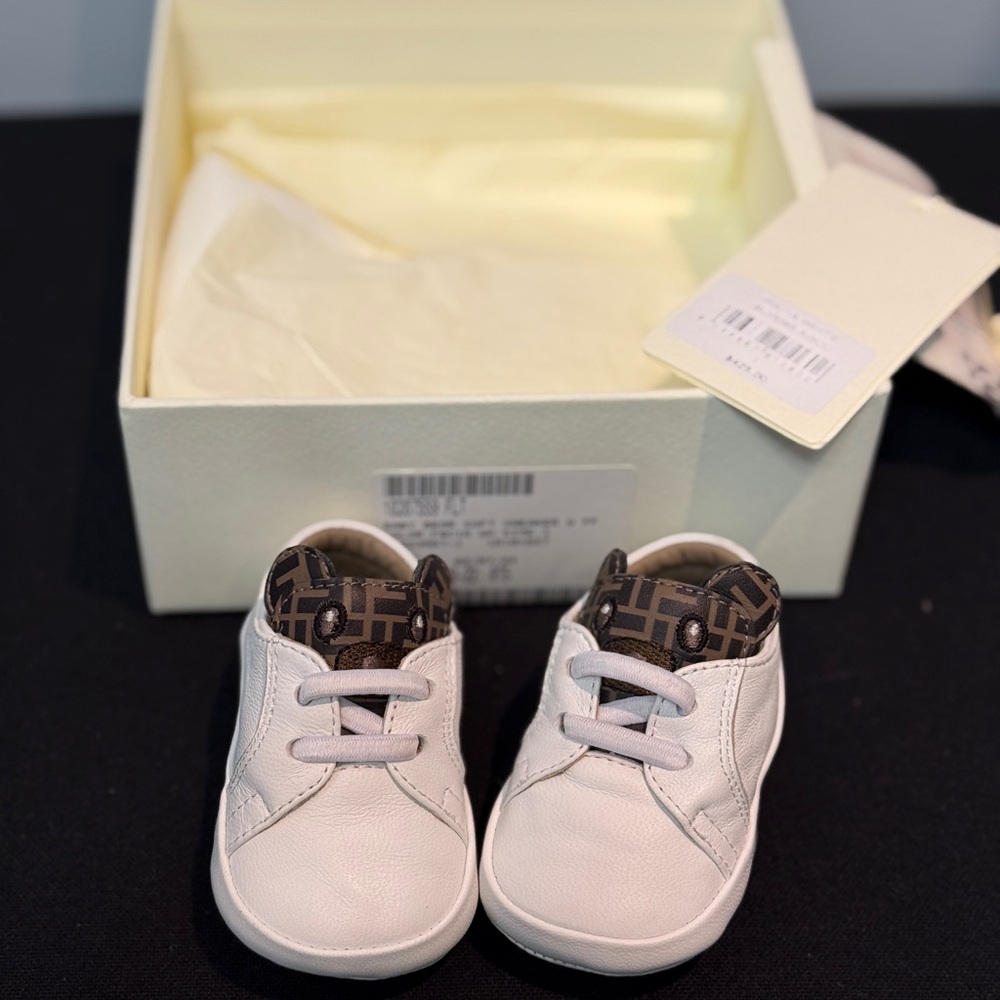 Stylish White Fendi Baby Shoes with Patterned Trim